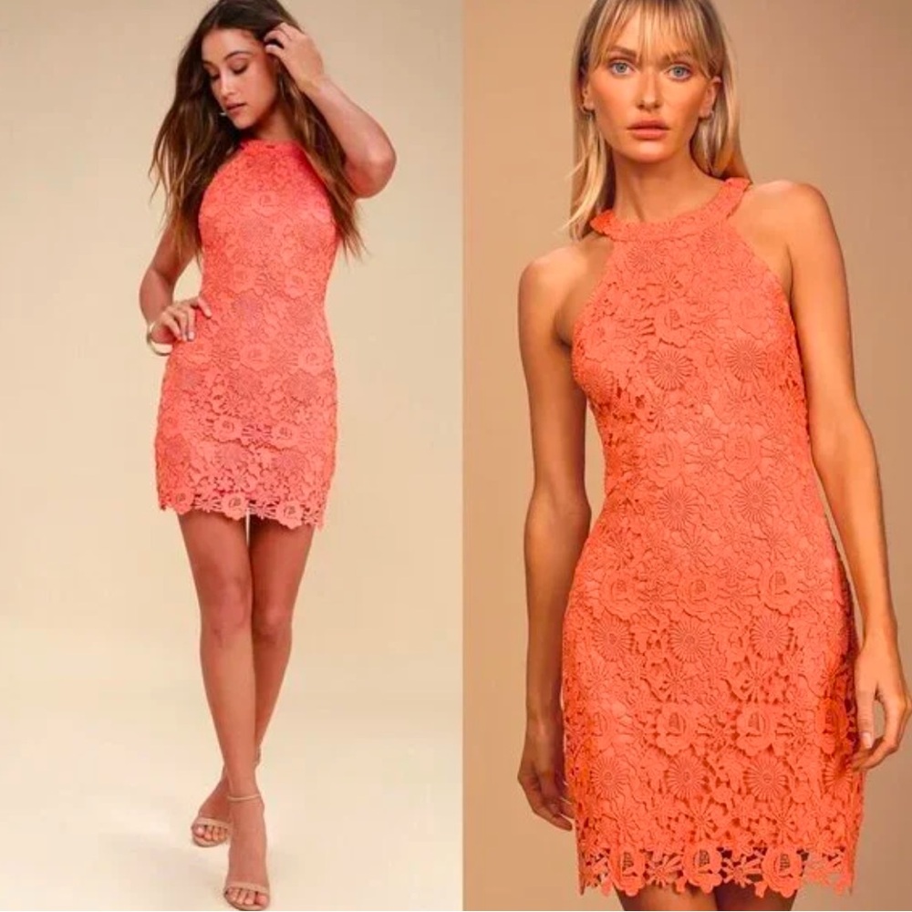 Lulus coral orange love poem floral lace crochet mini dress